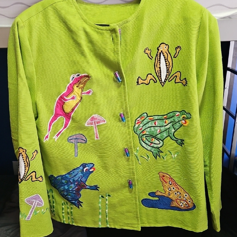 Vibrant Green Frog Embroidered Women's Jacket